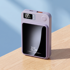 Purple magnetic wireless power bank with LED display and mirror front
