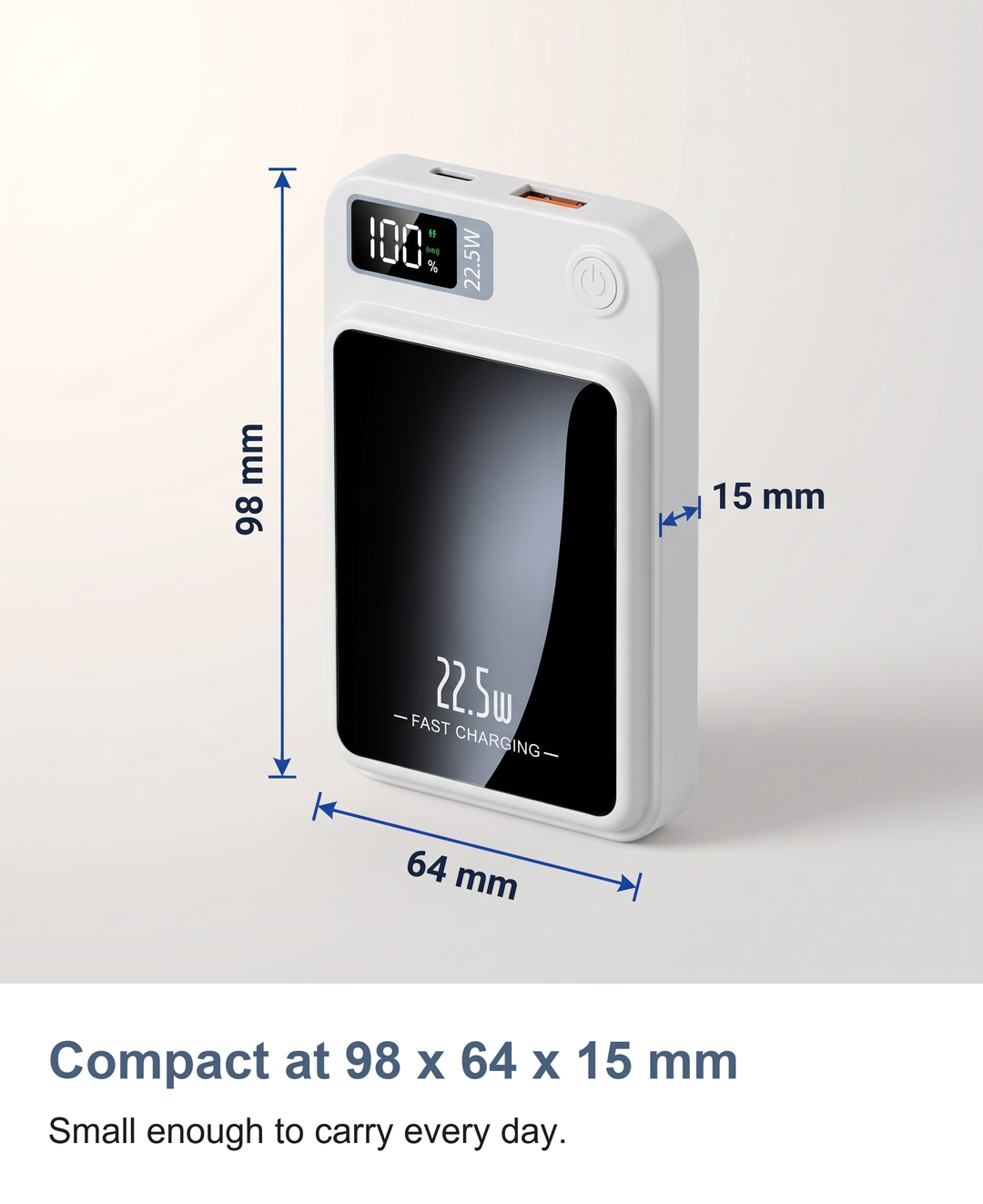 Magnetic wireless power bank: Compact at 98 x 64 x 15 mm