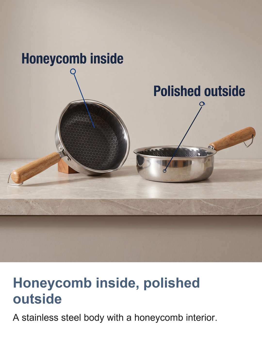 Mini stainless steel frying pan: Honeycomb inside, polished outside