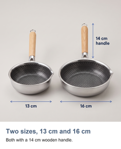 Mini stainless steel frying pan: Two sizes, 13 cm and 16 cm