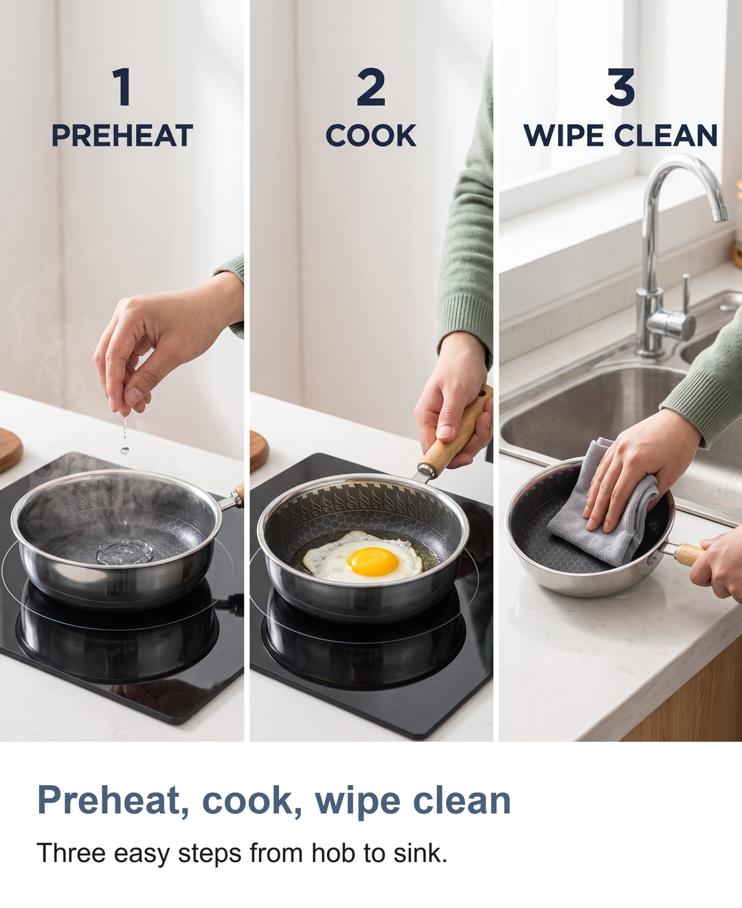 Mini stainless steel frying pan: Preheat, cook, wipe clean