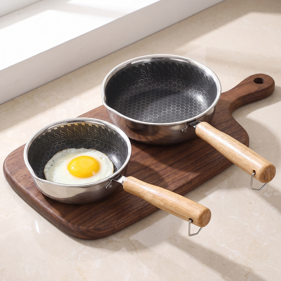 Mini stainless steel frying pan with honeycomb surface and wooden handle