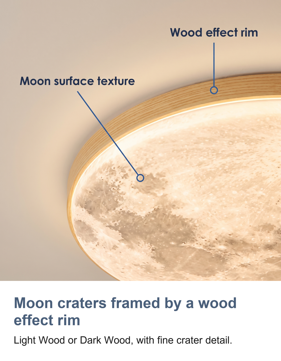 Moon ceiling light: Moon craters framed by a wood effect rim