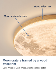 Moon ceiling light: Moon craters framed by a wood effect rim