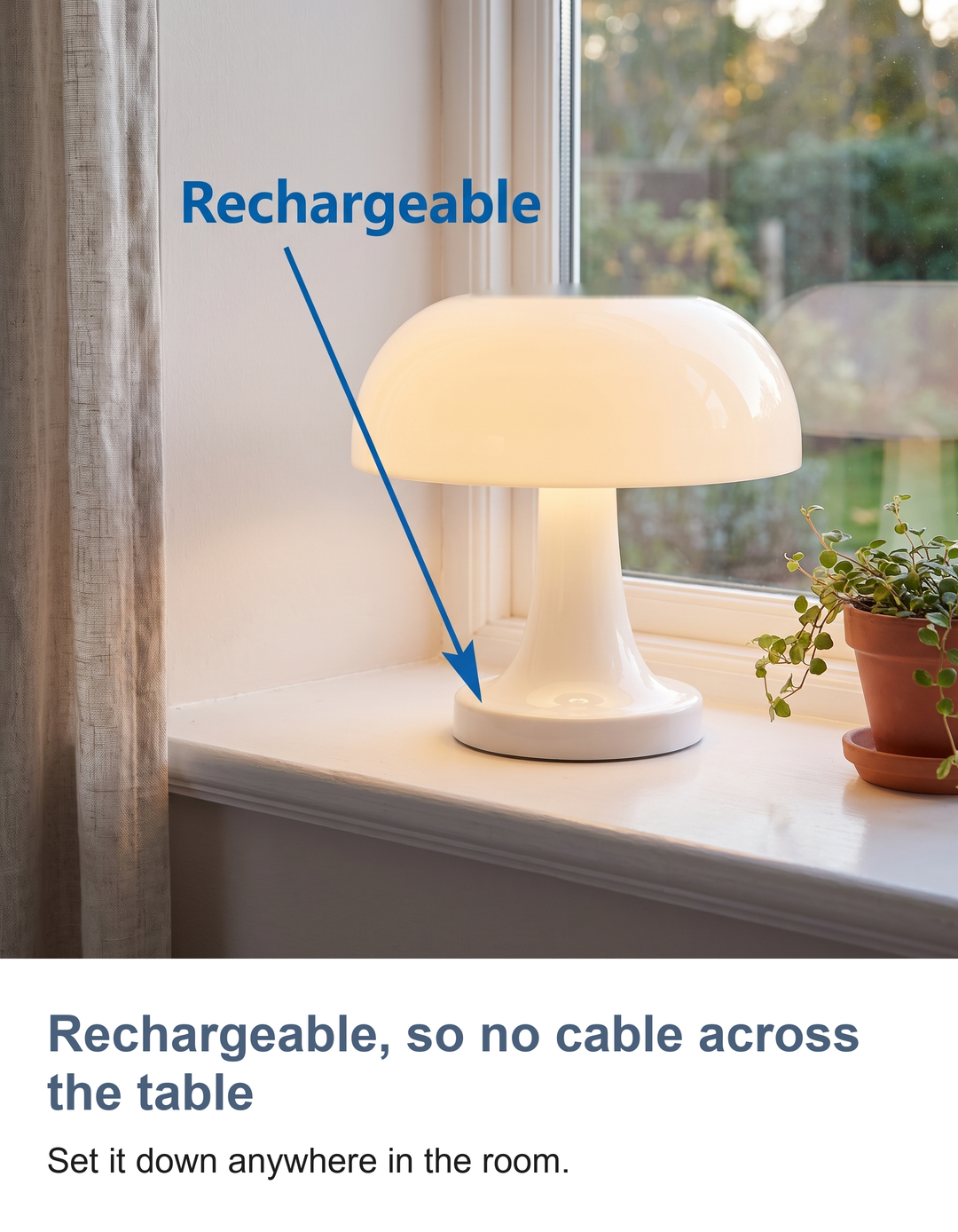 Retro mushroom table lamp: Rechargeable, so no cable across the table