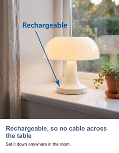 Retro mushroom table lamp: Rechargeable, so no cable across the table