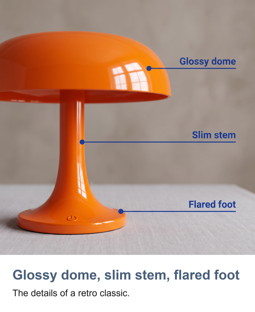 Retro mushroom table lamp: Glossy dome, slim stem, flared foot