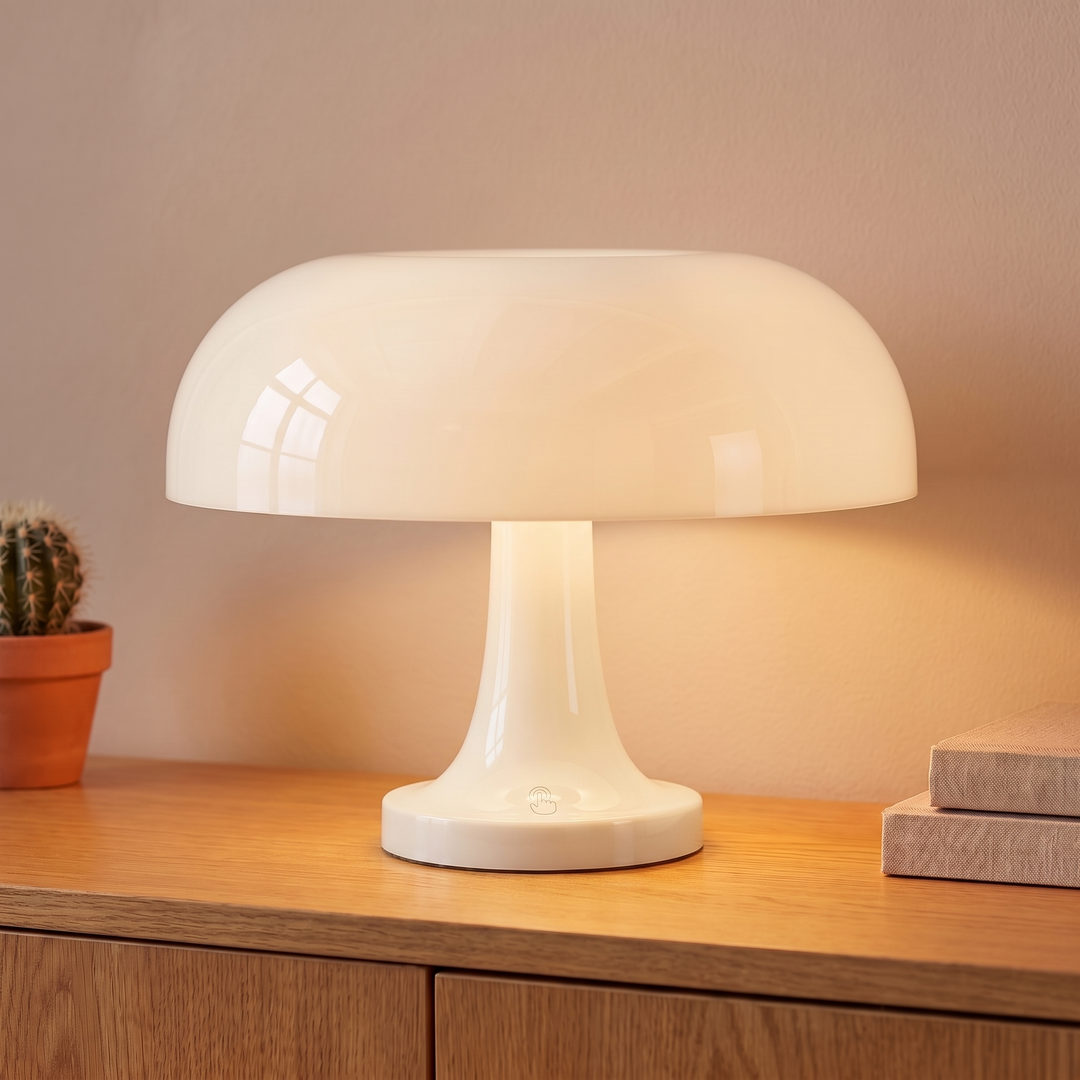 White retro mushroom table lamp lit warm cream on an oak sideboard