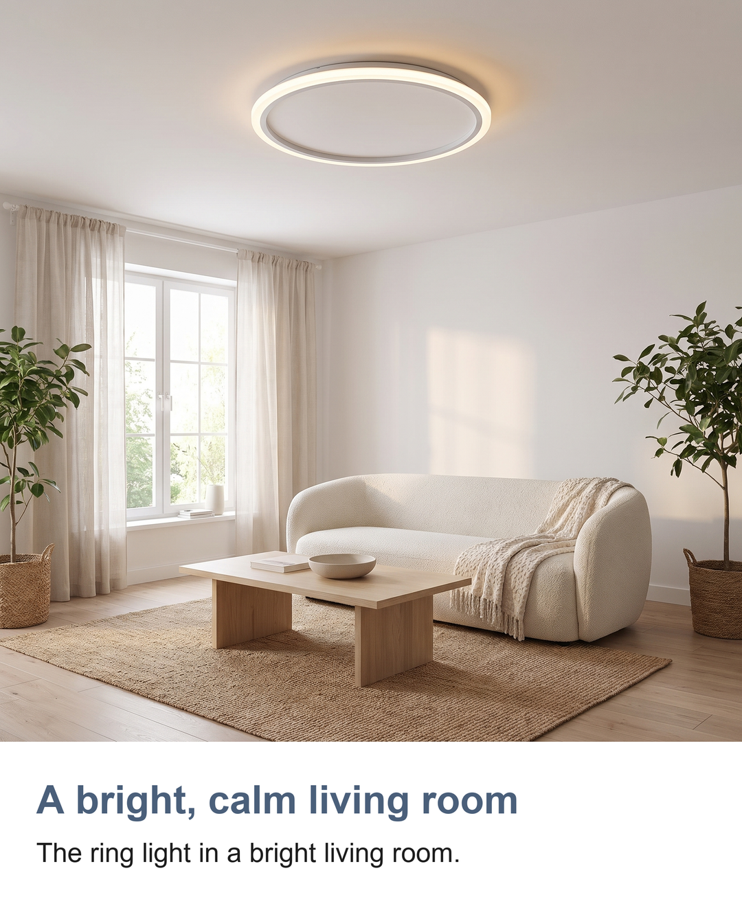Thin ring LED ceiling light: A bright, calm living room
