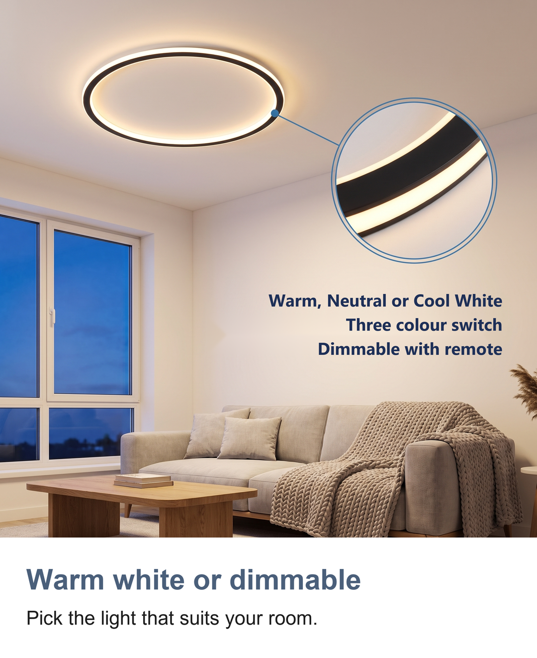 Thin ring LED ceiling light: Five light options, warm white to dimmable