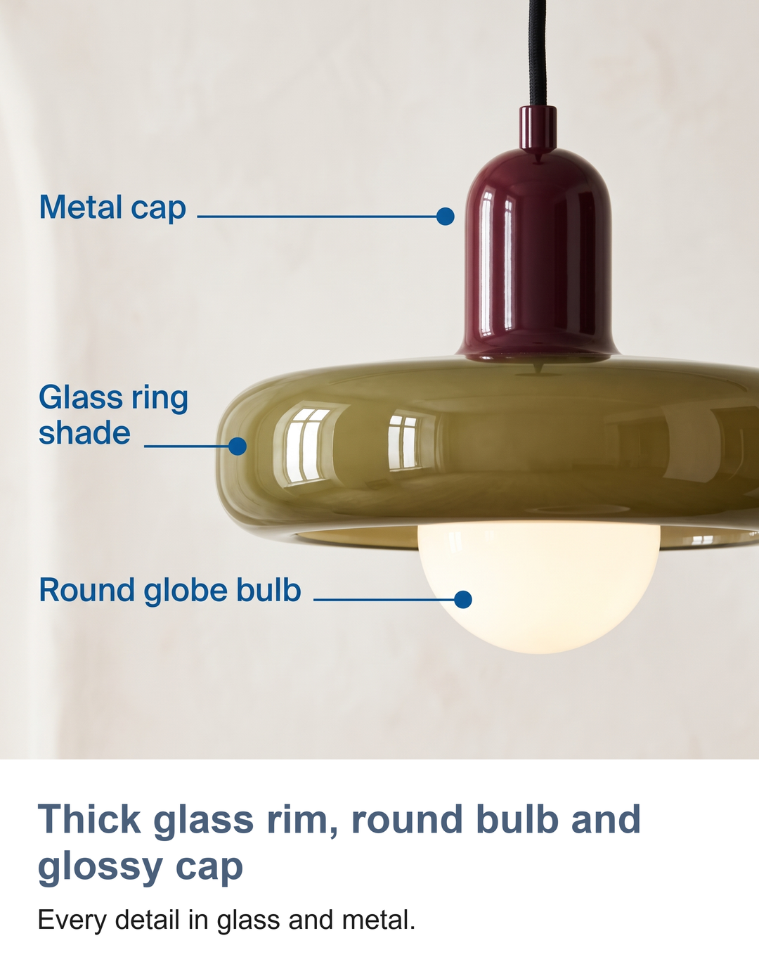 Bauhaus glass pendant light with ring shade: Thick glass rim, round bulb and glossy cap
