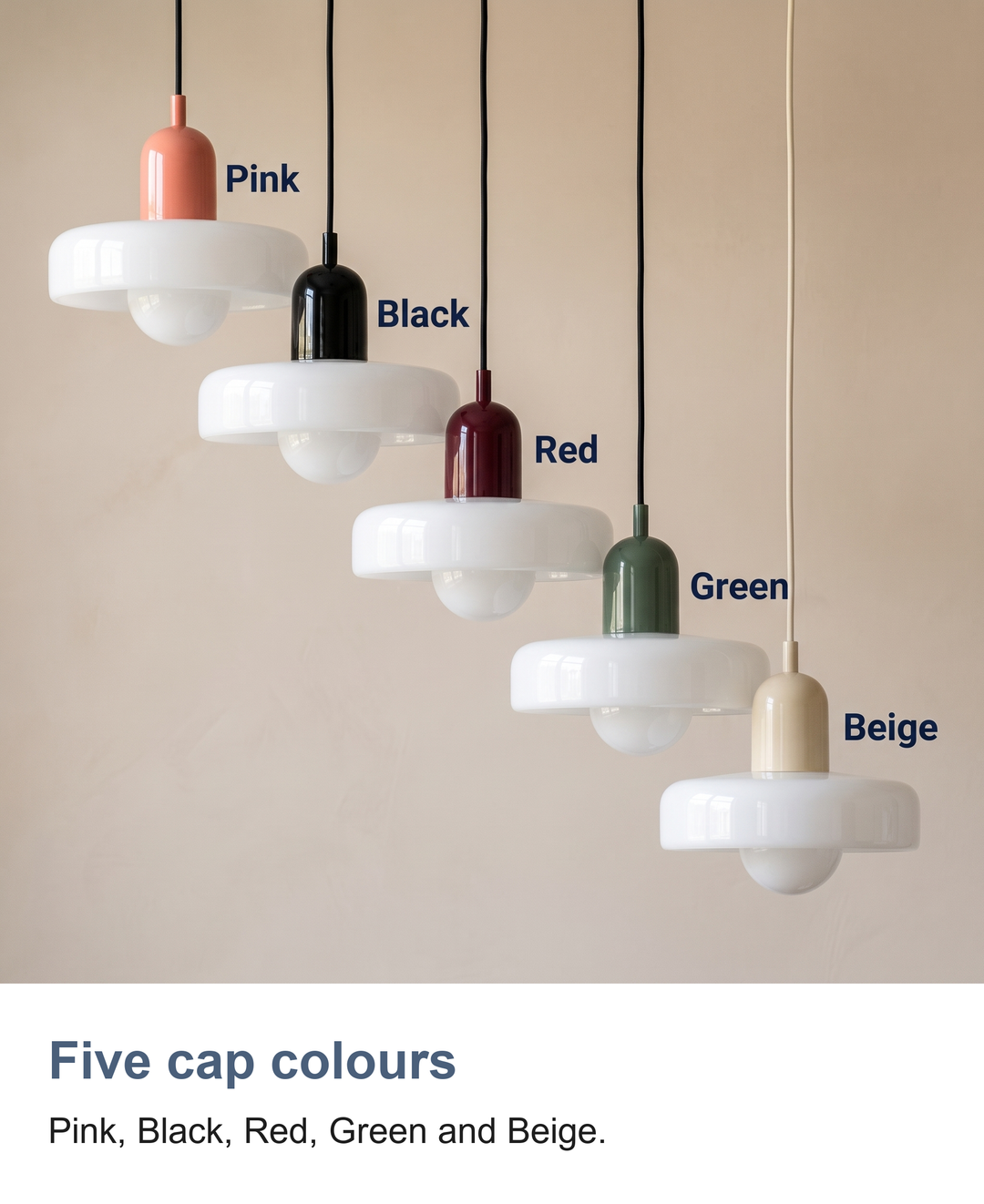 Bauhaus glass pendant light with ring shade: Five cap colours