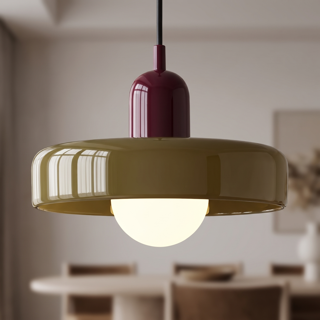 Olive green glass Bauhaus pendant light with red cap and ring shade