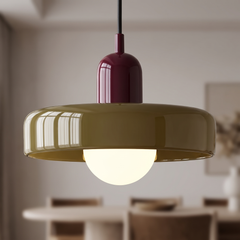 Olive green glass Bauhaus pendant light with red cap and ring shade