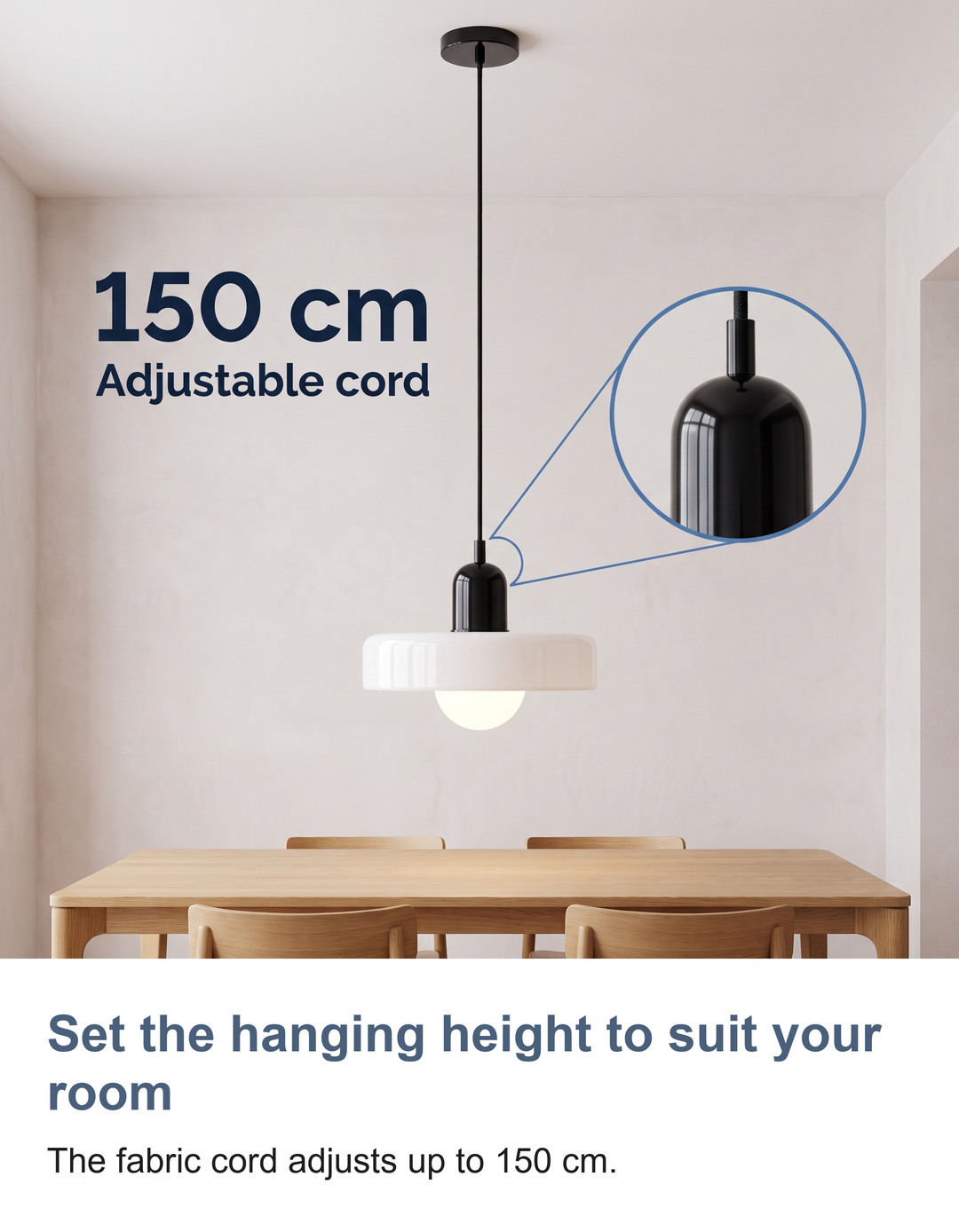 Bauhaus glass pendant light with ring shade: Set the hanging height to suit your room