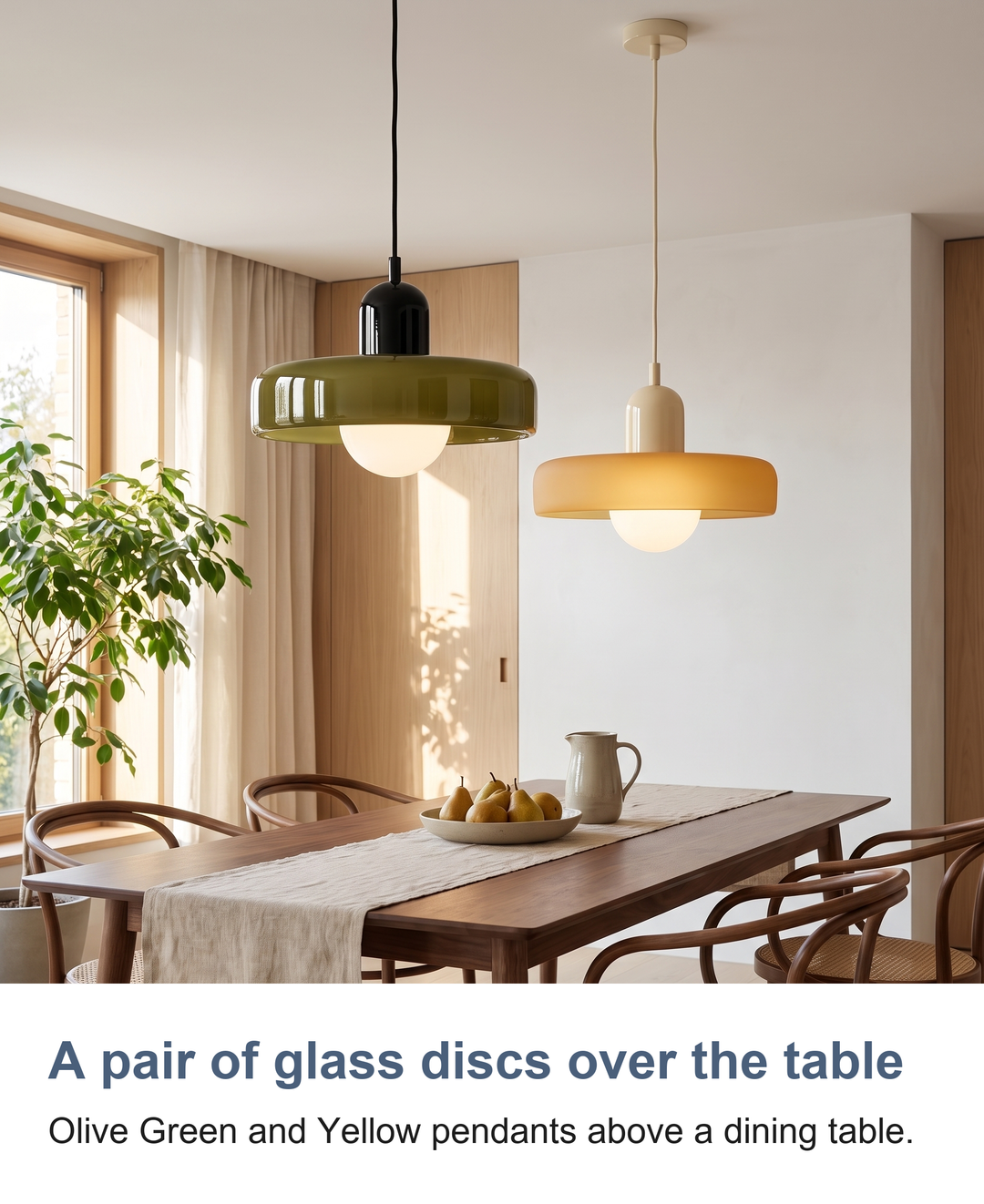 Bauhaus glass pendant light with ring shade: A pair of glass discs over the table