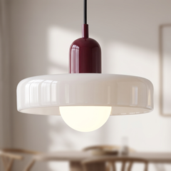 White glass Bauhaus pendant light with red cap and ring shade