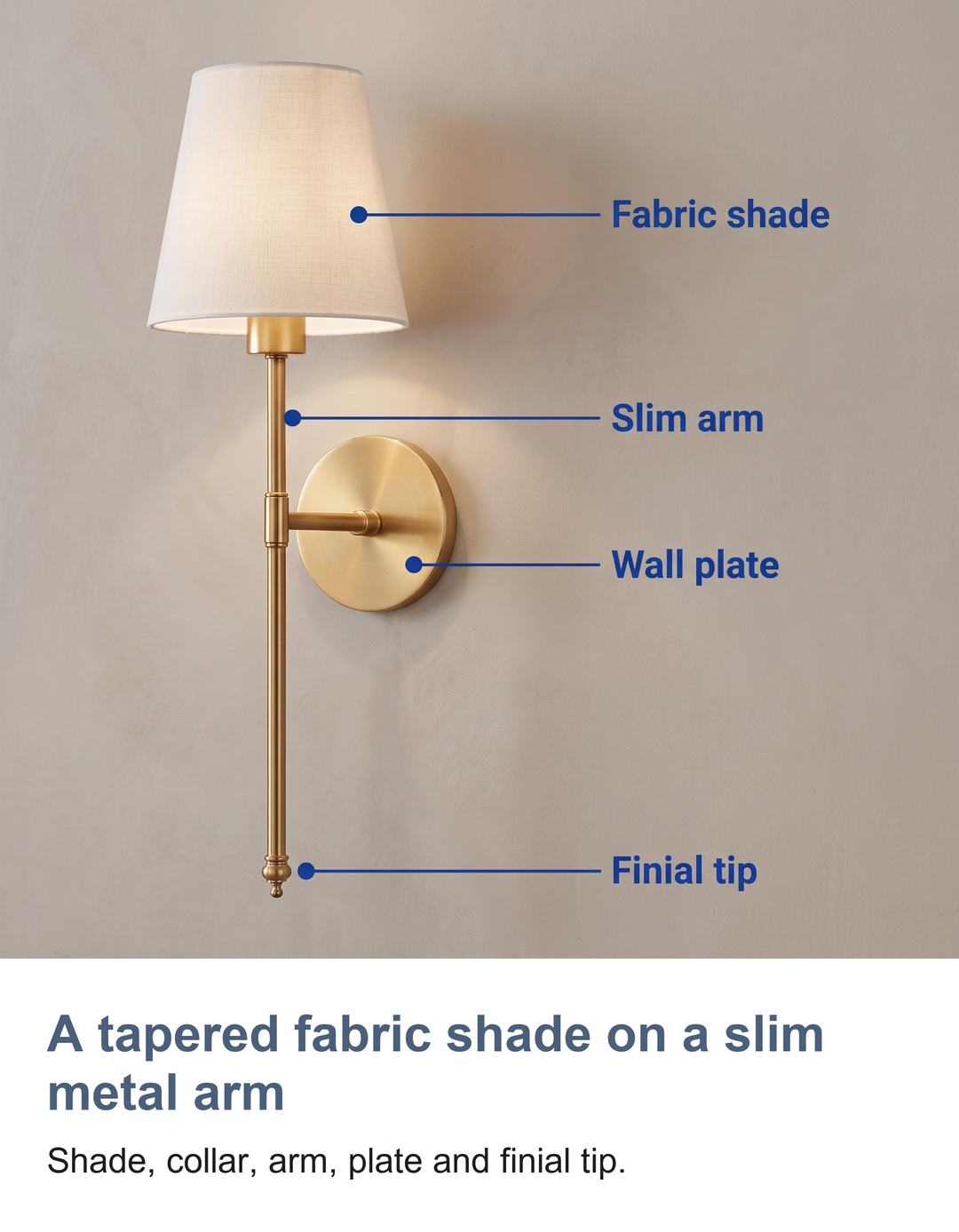 Wireless wall sconces set of 2: A tapered fabric shade on a slim metal arm