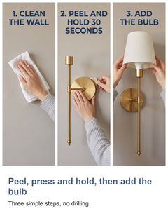 Wireless wall sconces set of 2: Peel, press and hold, then add the bulb