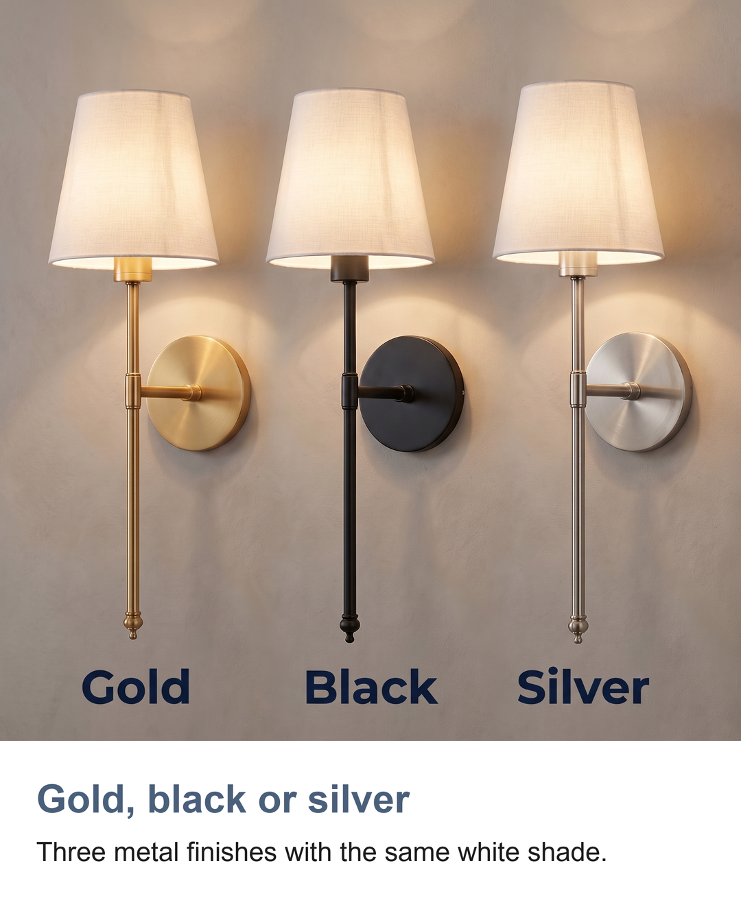 Wireless wall sconces set of 2: Gold, black or silver