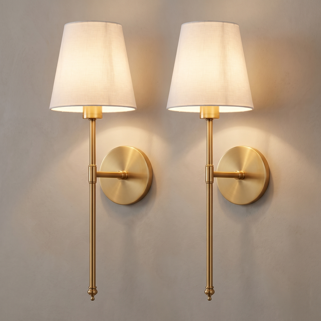 Gold wireless wall sconces set of 2 with white fabric shades