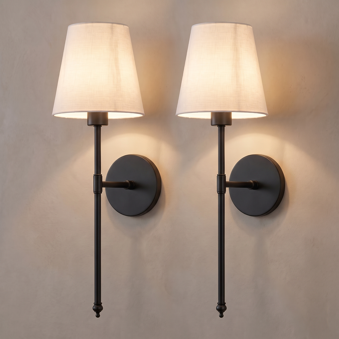 Black wireless wall sconces set of 2 with white fabric shades