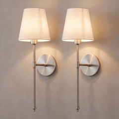 Silver wireless wall sconces set of 2 with white fabric shades