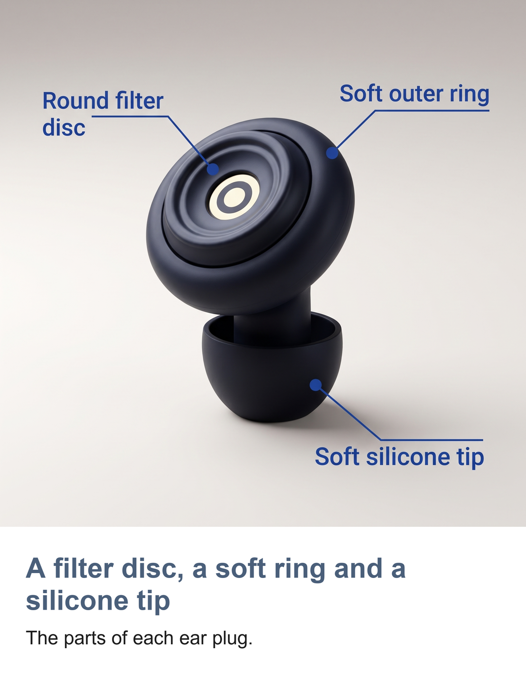 Reusable silicone sleep earplugs: A filter disc, a soft ring and a silicone tip
