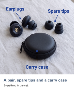 Reusable silicone sleep earplugs: A pair, spare tips and a carry case