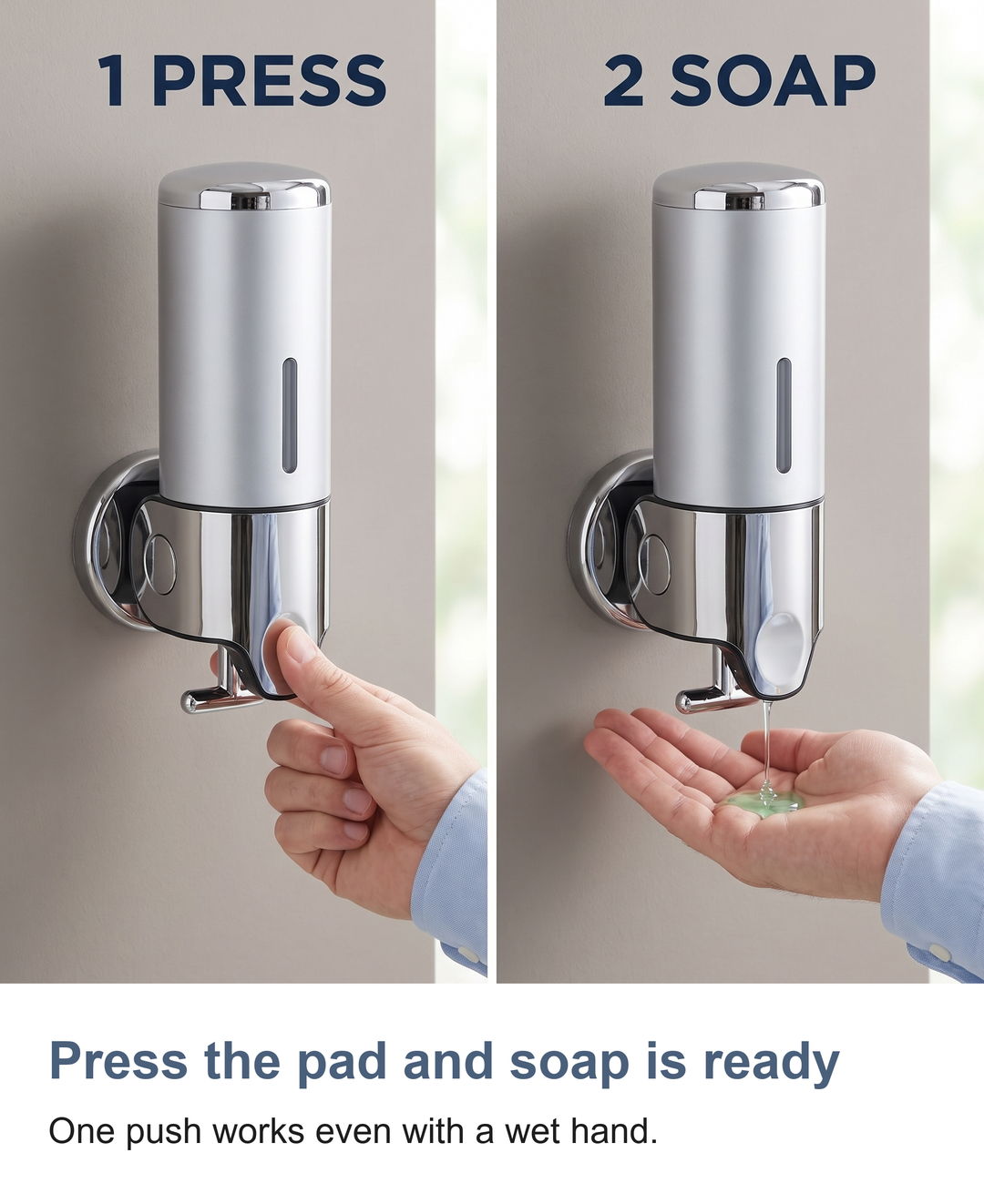 Wall mounted soap dispenser: Press the pad and soap is ready