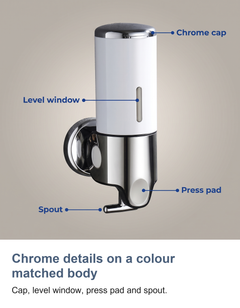 Wall mounted soap dispenser: Chrome details on a colour matched body