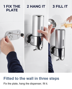 Wall mounted soap dispenser: Fitted to the wall in three steps