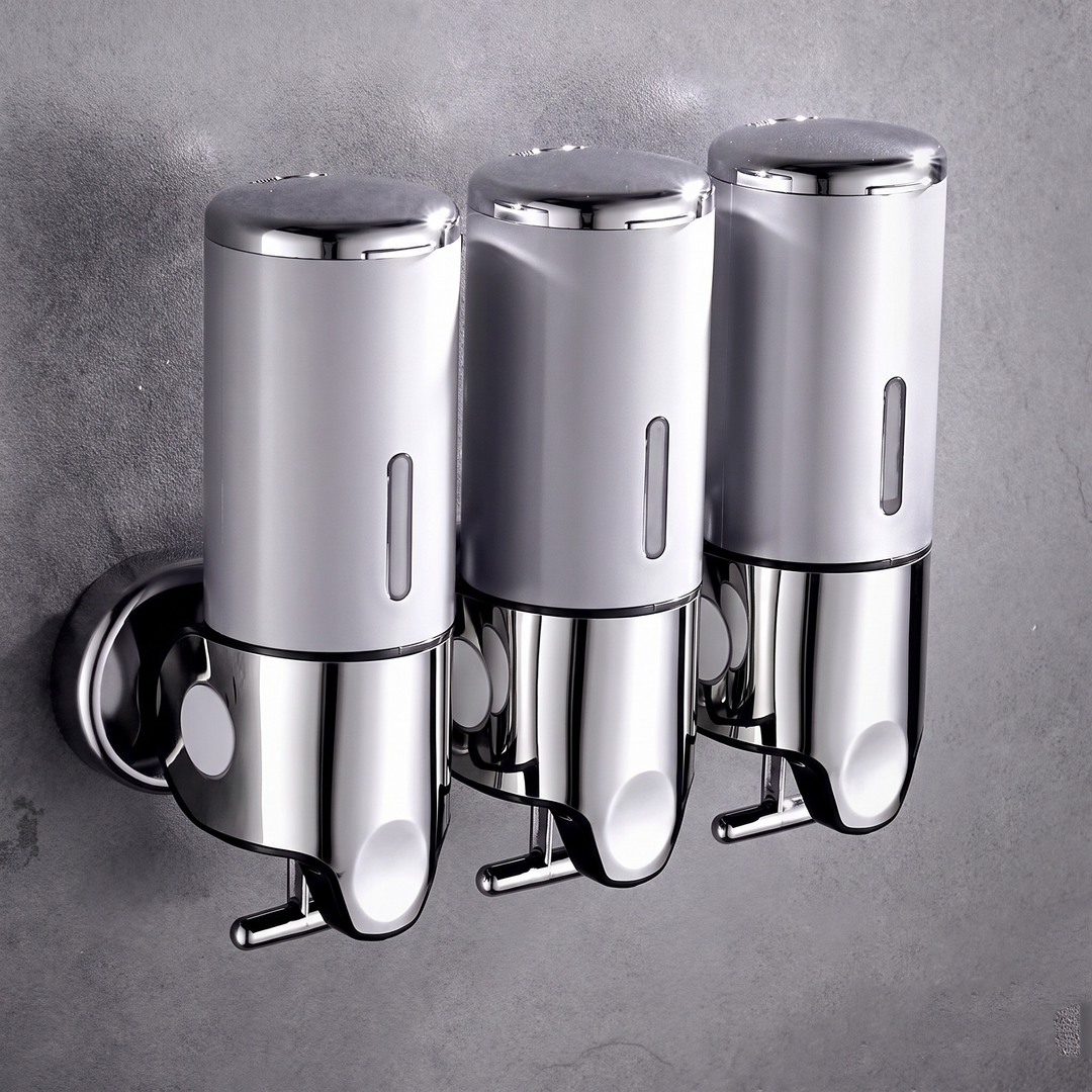 Silver wall mounted soap dispenser with chrome finish