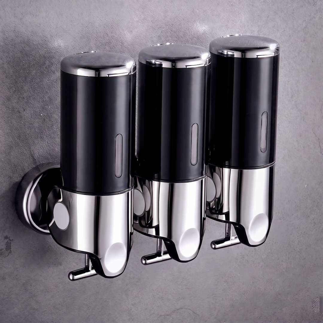 Black wall mounted soap dispenser with chrome finish