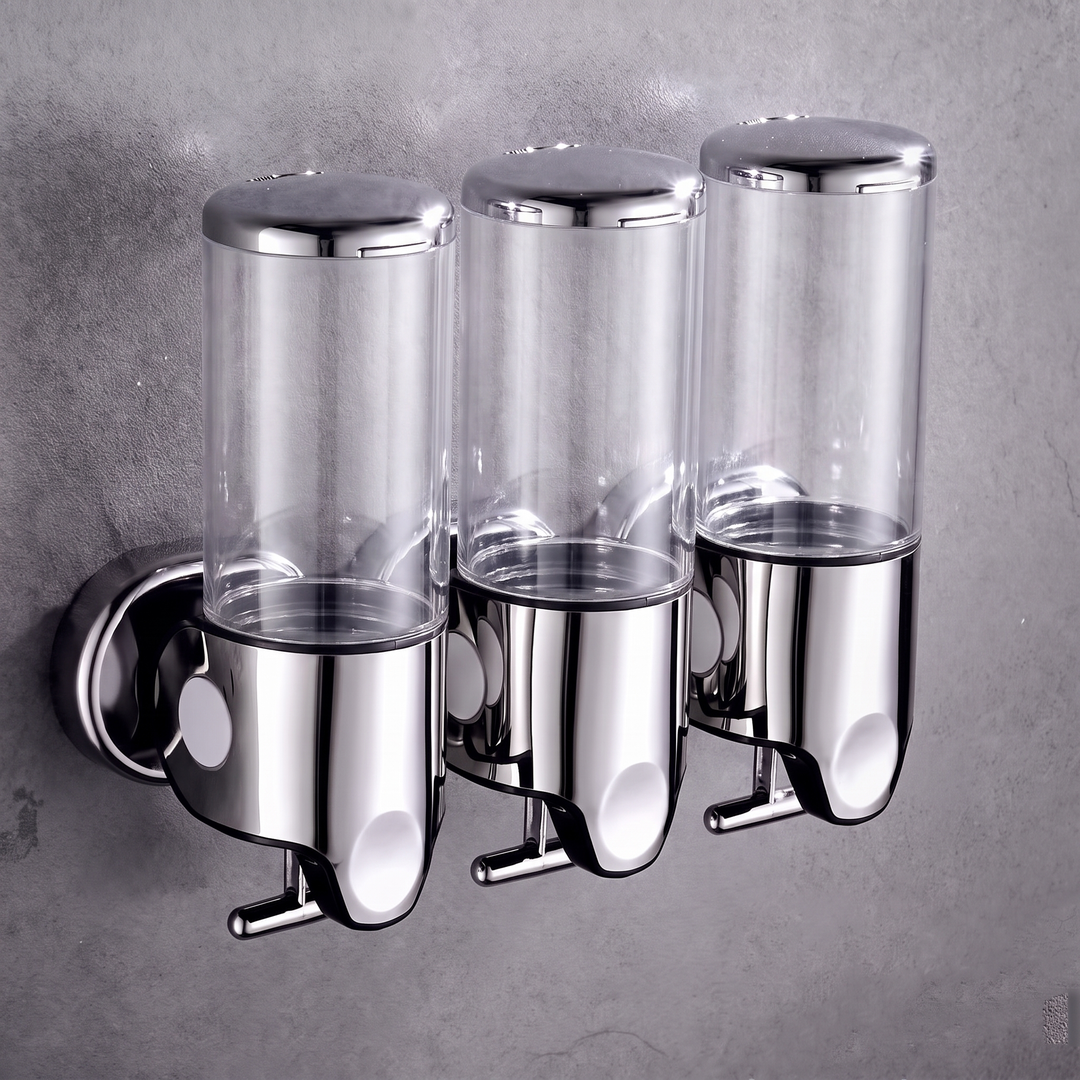 Transparent wall mounted soap dispenser with chrome finish