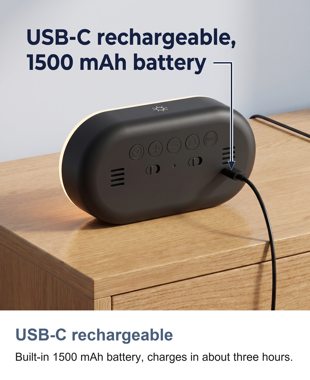 Digital alarm clock with night light: USB-C rechargeable