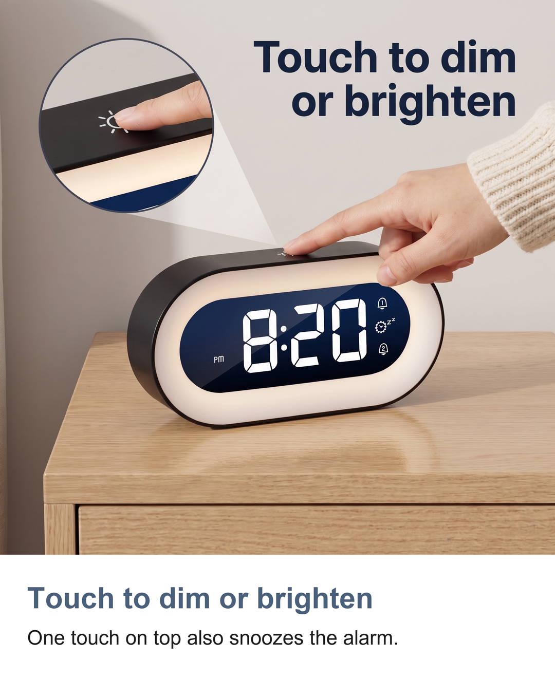 Digital alarm clock with night light: Touch to dim or brighten