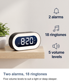 Digital alarm clock with night light: Two alarms, 18 ringtones