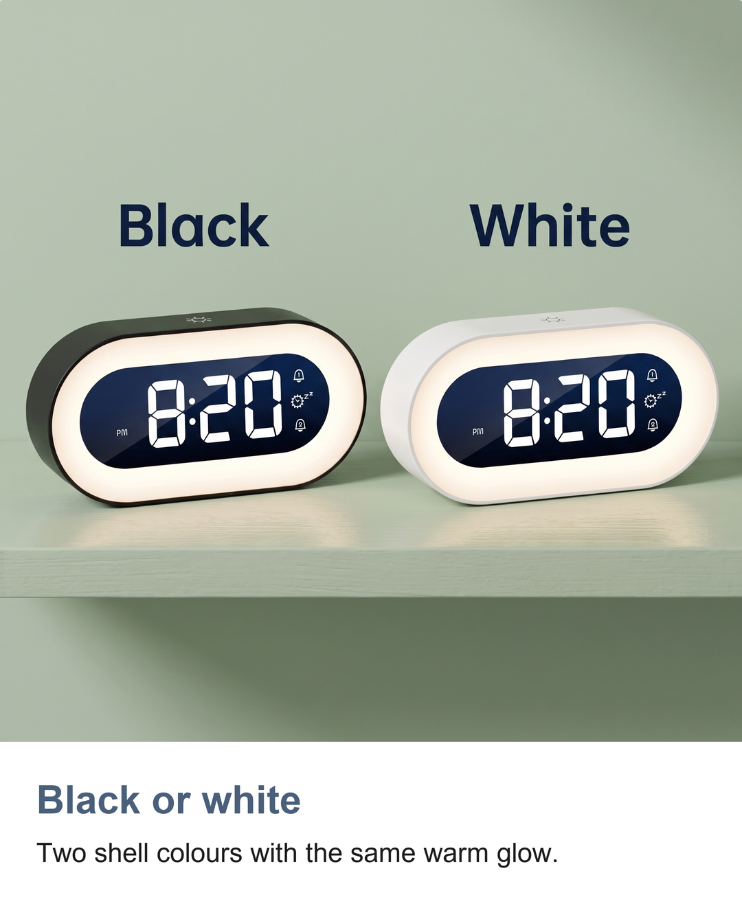 Digital alarm clock with night light: Black or white
