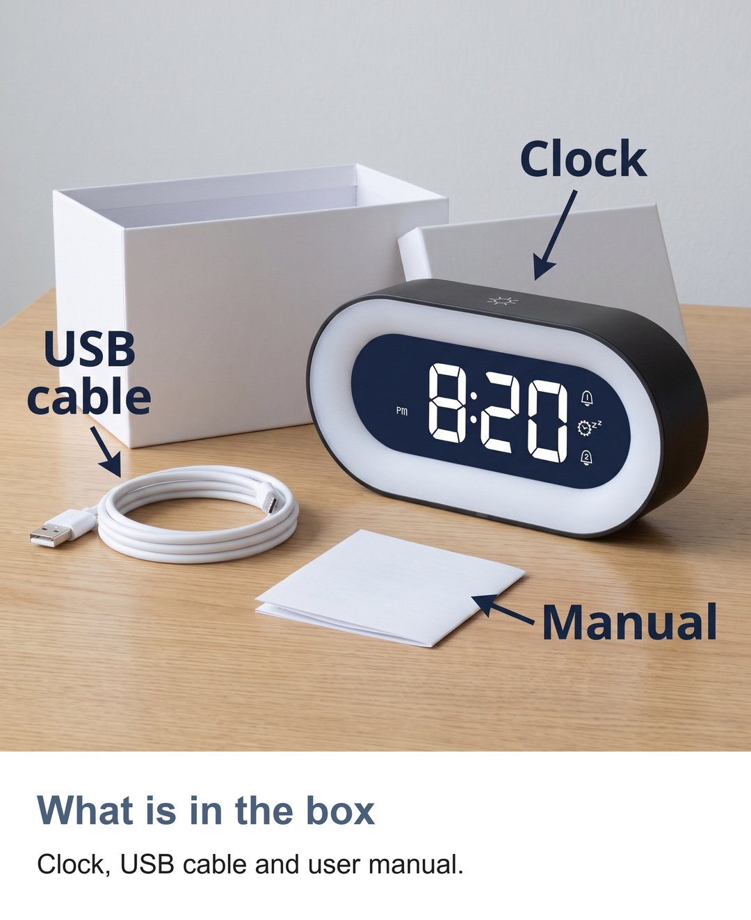 Digital alarm clock with night light: What is in the box