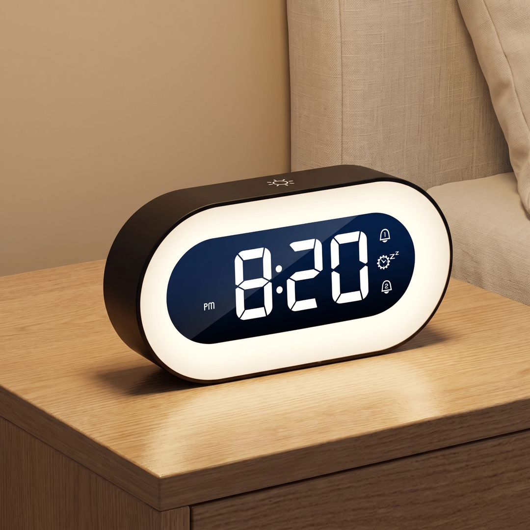 Black digital alarm clock with a glowing night light ring on a wooden bedside table