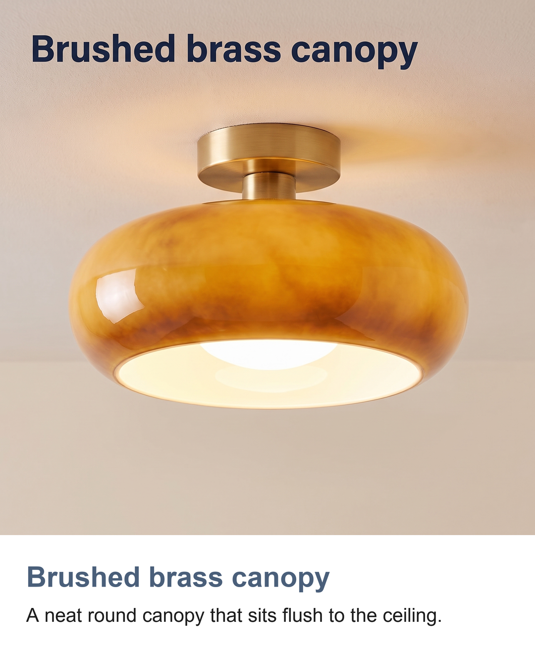 Amber glass mushroom ceiling light: Brushed brass canopy