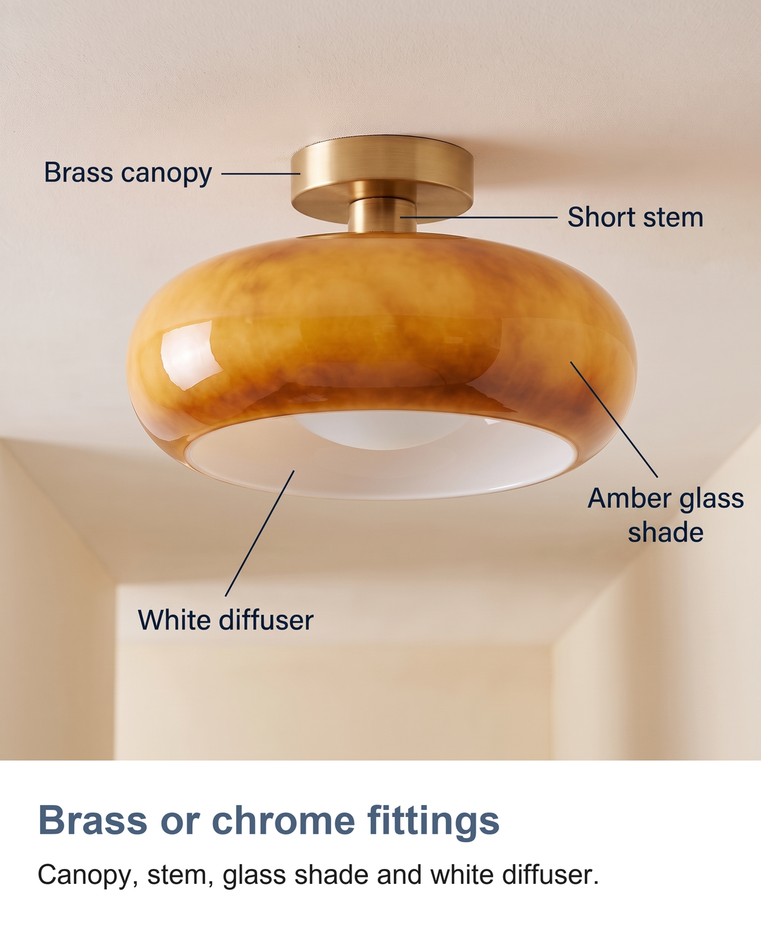 Amber glass mushroom ceiling light: Brass or chrome fittings