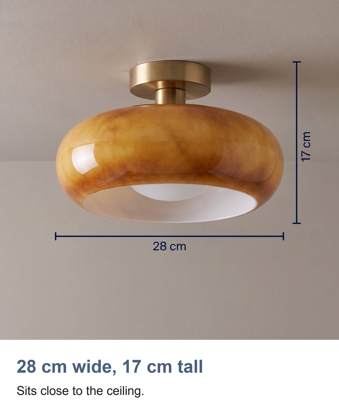 Amber glass mushroom ceiling light: 28 cm wide, 17 cm tall