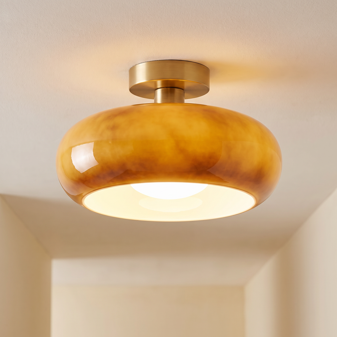 Gold Amber vintage glass mushroom semi flush ceiling light, lit