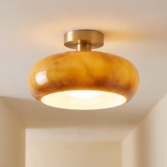 Gold Amber vintage glass mushroom semi flush ceiling light, lit