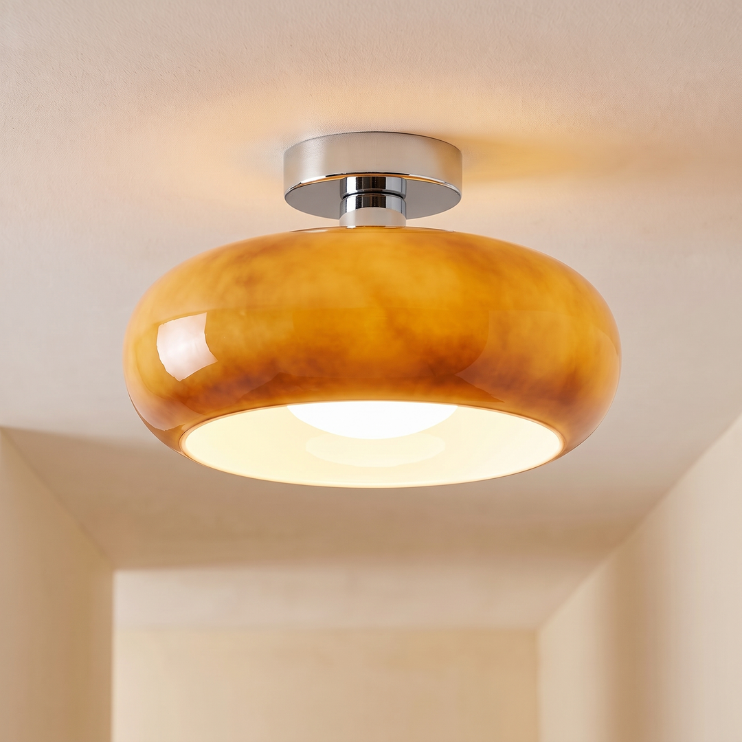 Chrome Amber vintage glass mushroom semi flush ceiling light, lit