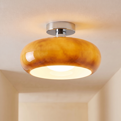 Chrome Amber vintage glass mushroom semi flush ceiling light, lit