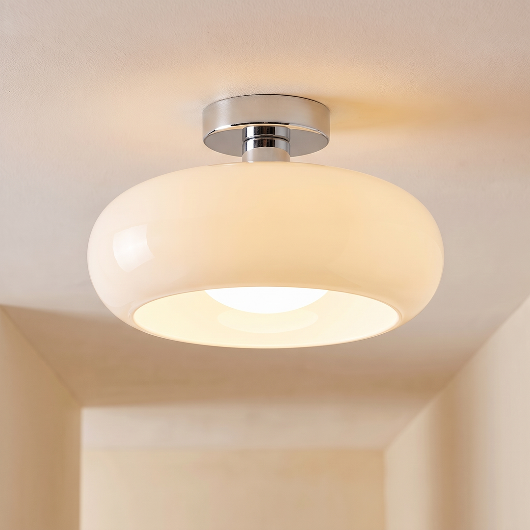 Chrome White vintage glass mushroom semi flush ceiling light, lit
