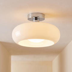 Chrome White vintage glass mushroom semi flush ceiling light, lit